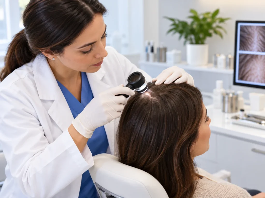 Dermatologist examining a patient's scalp during a hair health consultation.