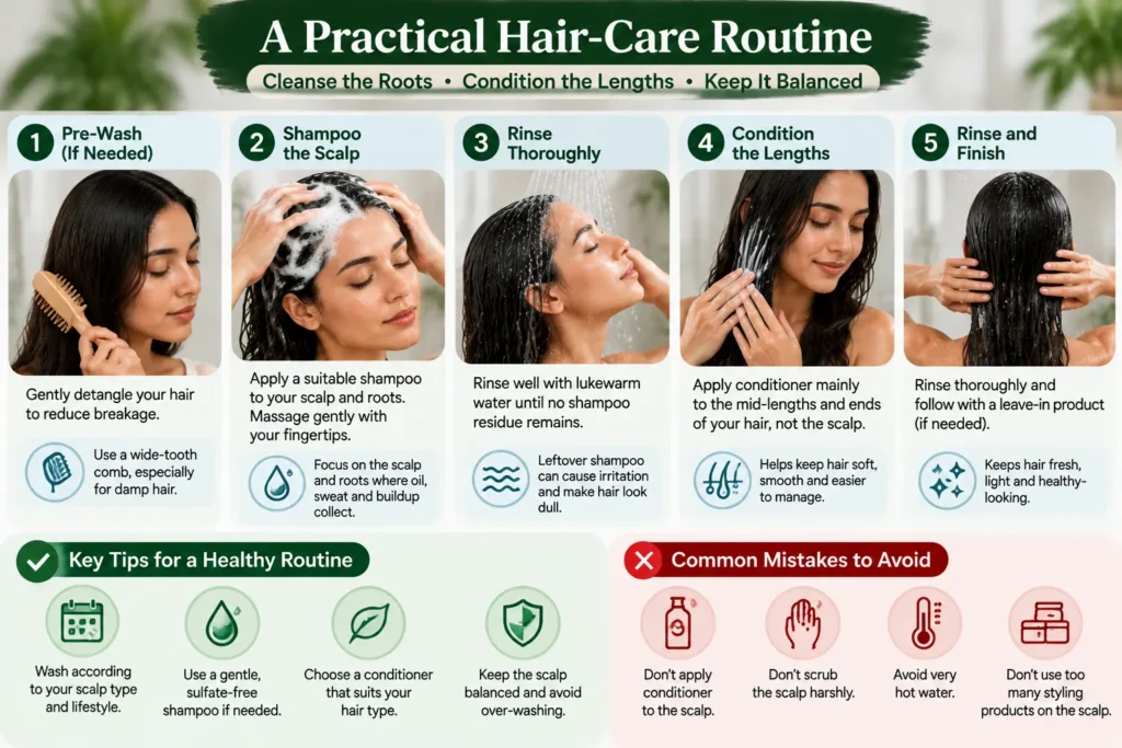 Step-by-step hair-care routine showing gentle shampooing of the scalp, thorough rinsing, and conditioning the hair lengths.