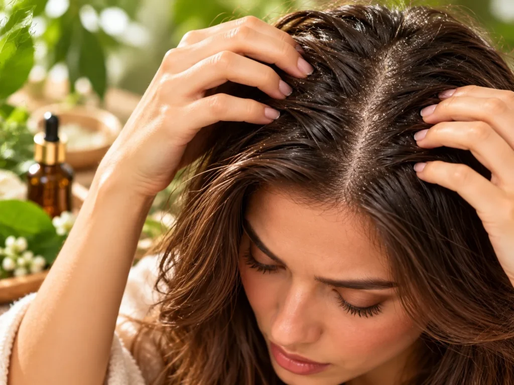 Woman showing common signs of scalp buildup and excess oil with visible flakes on the scalp