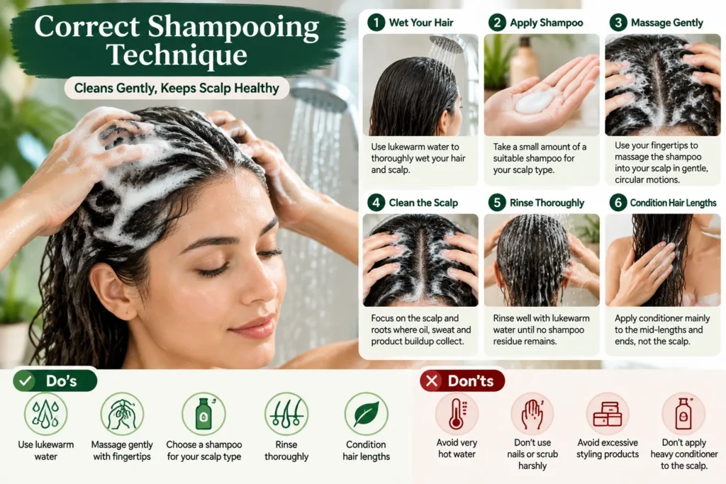 Woman gently massaging shampoo into her scalp, demonstrating proper hair washing and rinsing techniques.