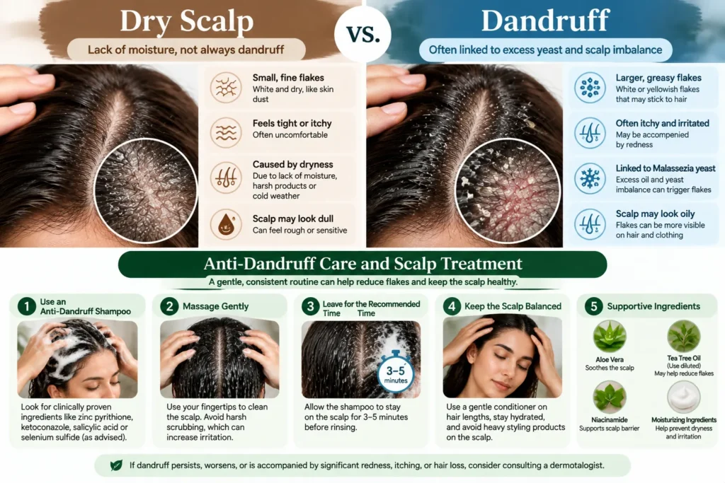 Comparison of dry scalp with fine flakes and dandruff with visible scalp flakes, alongside anti-dandruff shampoo and scalp-care steps.