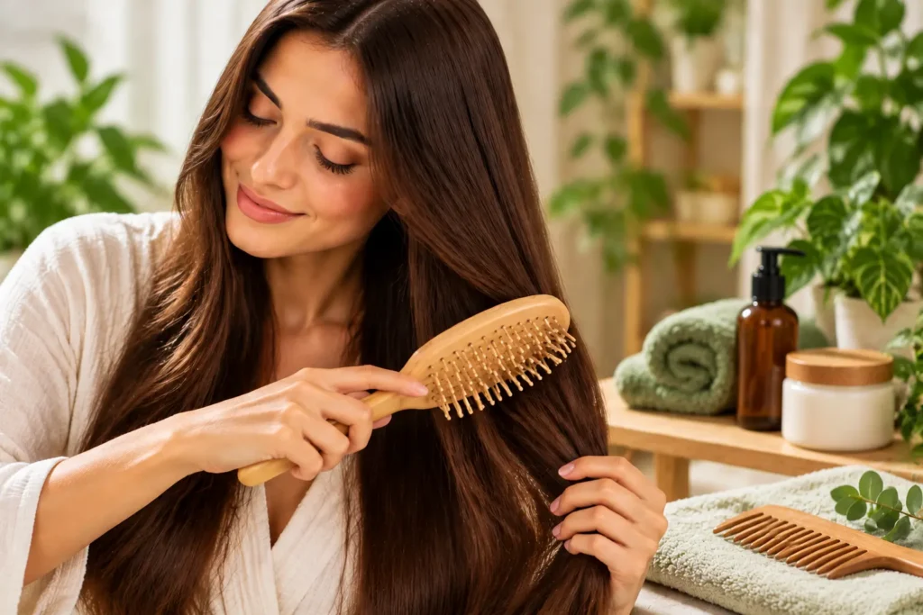 Woman gently brushing her long hair with a wooden hairbrush to help reduce hair breakage.