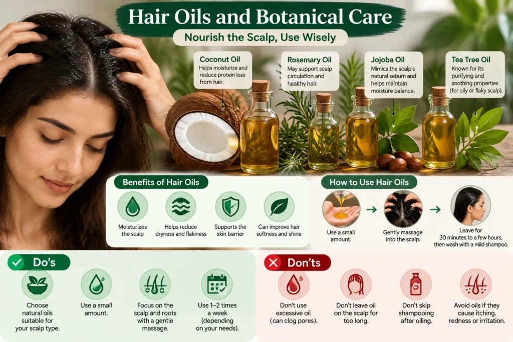 Coconut oil and botanical hair oils displayed alongside a woman gently massaging her scalp.