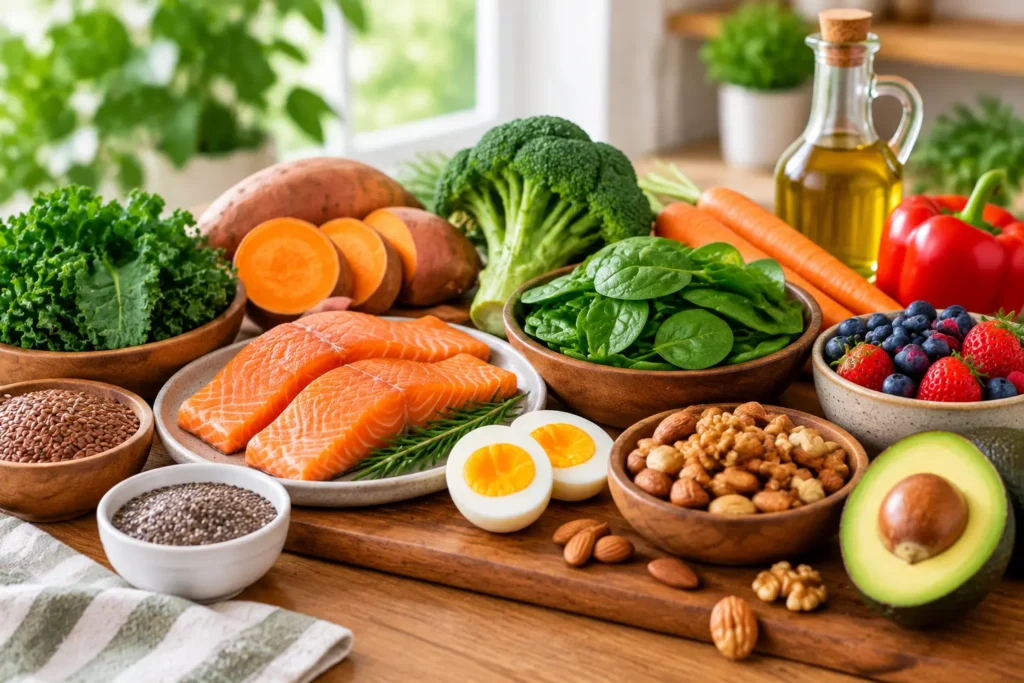 Healthy foods for hair care, including salmon, eggs, nuts, seeds, spinach, berries, and avocado.