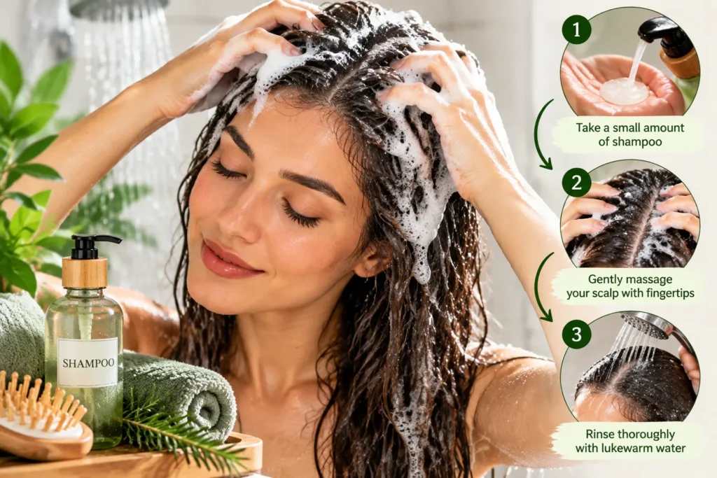 Woman gently massaging shampoo into her scalp while washing her hair.