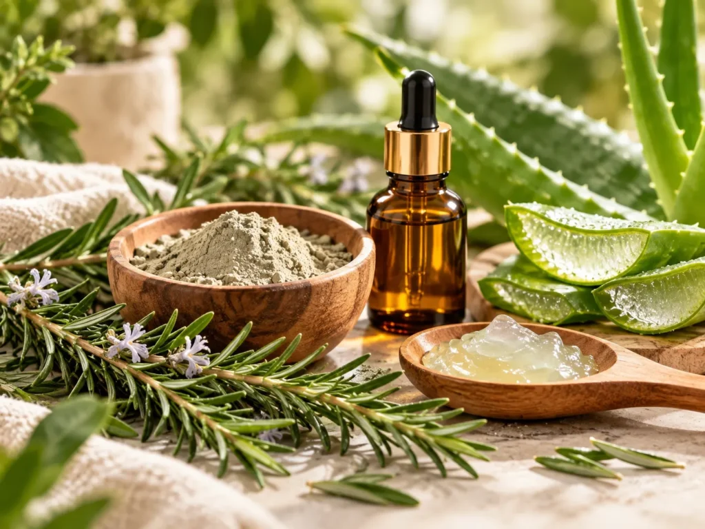 Aloe vera leaves, cosmetic clay, and botanical ingredients arranged for a natural hair care routine.
