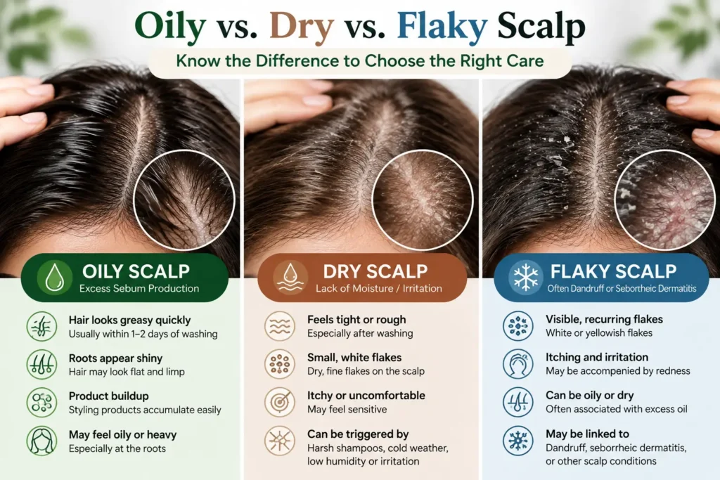 Comparison of oily scalp with greasy roots, dry scalp with fine flakes, and flaky scalp associated with dandruff.
