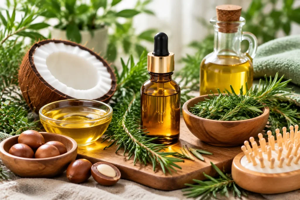 Amber bottle of hair oil surrounded by fresh rosemary sprigs, coconut, and natural carrier oils for scalp care.