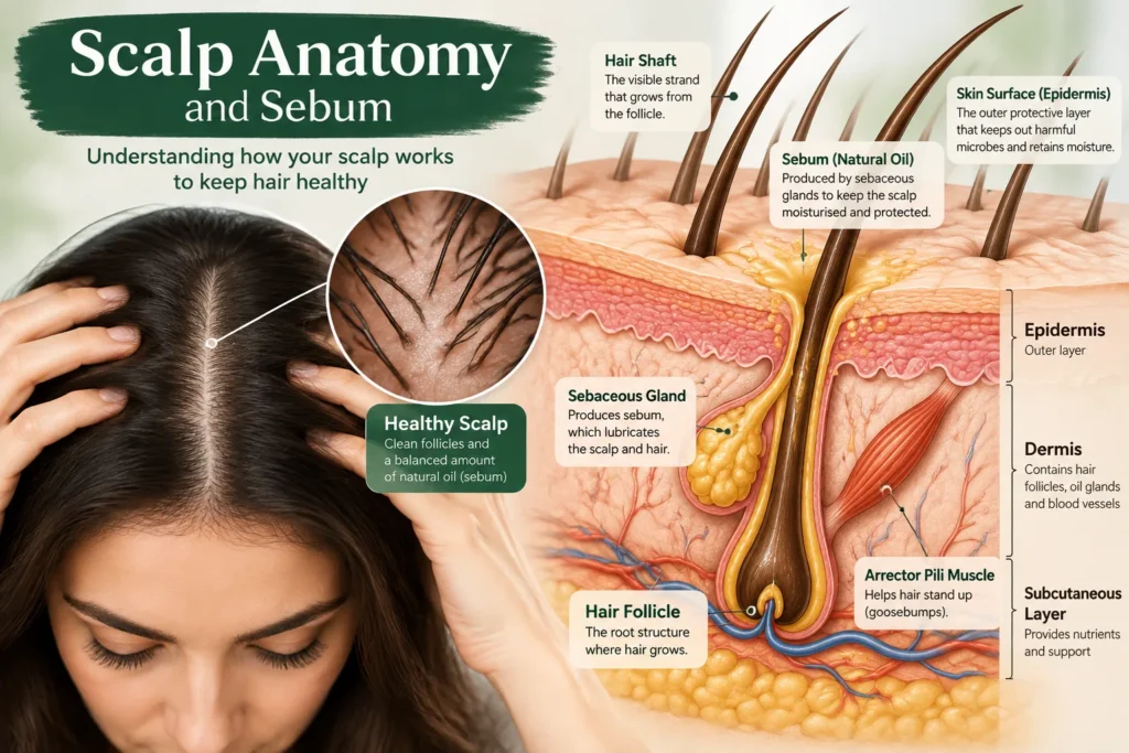 Scalp anatomy showing hair follicles, sebaceous glands, natural sebum, and the layers of the skin.