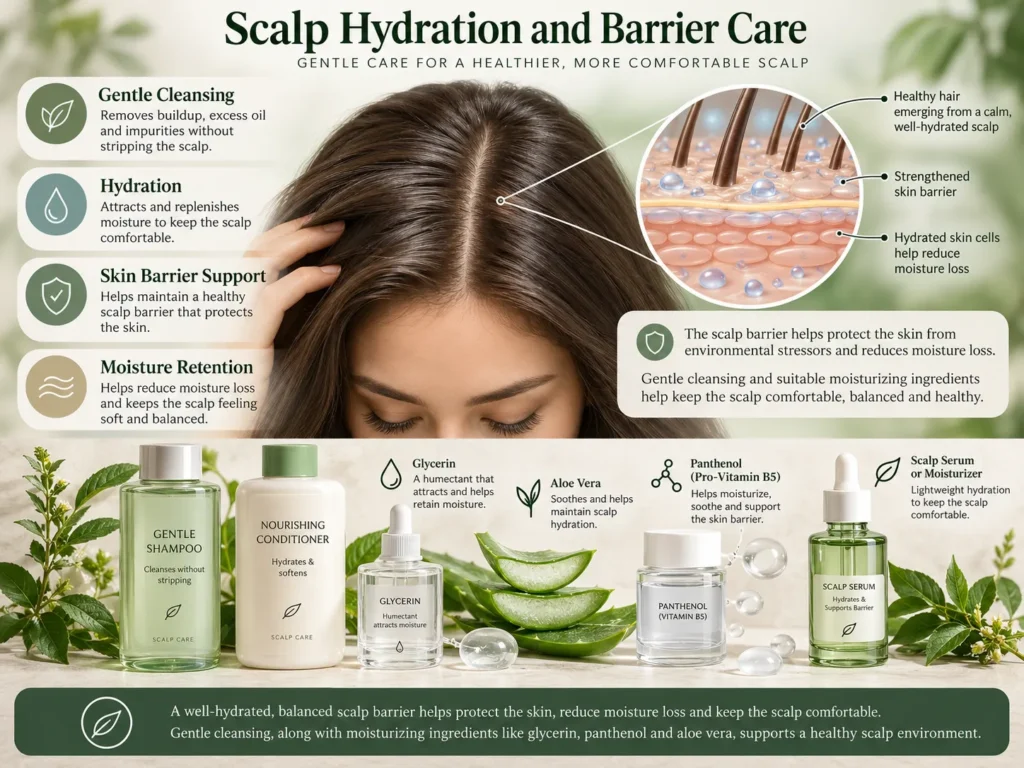 Scalp hydration and barrier care with gentle shampoo, glycerin, aloe vera, and panthenol to support scalp moisture.