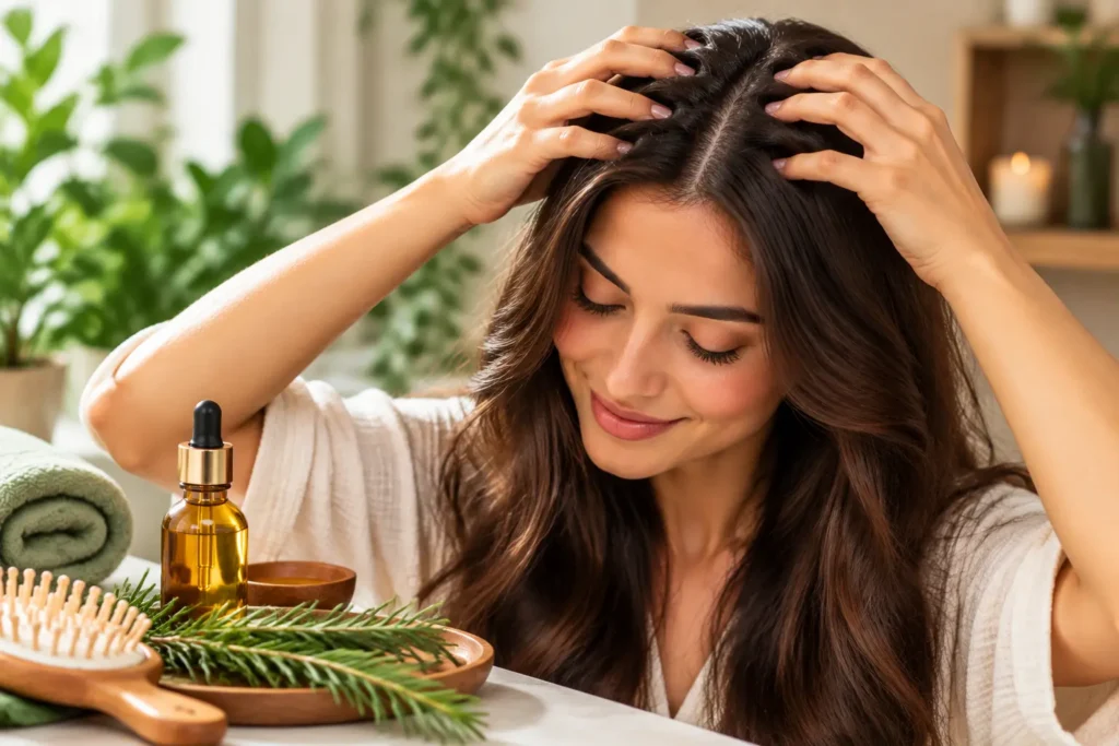 Woman gently massaging her scalp with her fingertips as part of a healthy hair care routine.